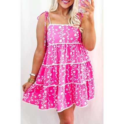 Pink Floral Print Ric Rac Patched Sleeveless Mini Dress