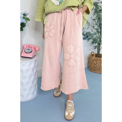 Pink Flower Patch Mineral Washed Terry Knit Cropped Wide Leg Pants