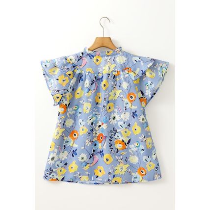 Sky Blue Flutter Sleeve V Neck Floral Top