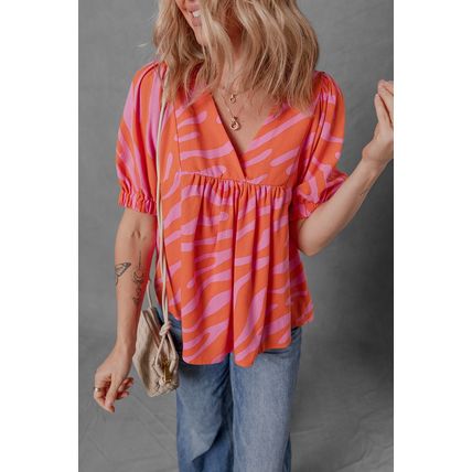 Orange Zebra Stripe Print Ruched Cuff Half Sleeve V Neck Blouse