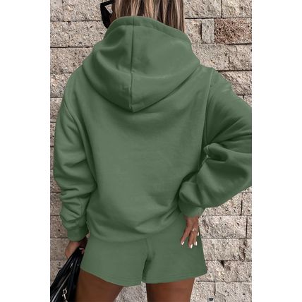 Mist Green Button Drawstring Hooded Pullover and Casual Short Set