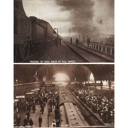 Railway Postcard GWR Paddington Station LNWR Mail Bag Pick Up at Full Speed