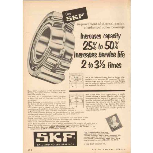 skf industries inc 1953 capacity spherical roller bearing vintage ad