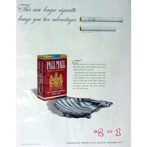 AMERICAN CIGARETTE CIGAR 1940 two advantages PALL MALL vintage ad