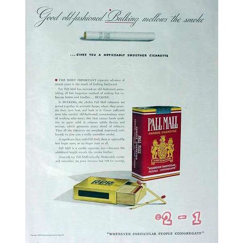 AMERICAN CIGARETTE CIGAR 1940 bulking mellows PALL MALL vintage ad