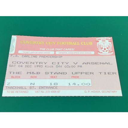 Coventry City v Arsenal 1993/1994 Premiership Football Ticket Stub