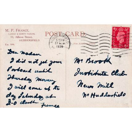 M.P. France Tailor Huddersfield Advertising Postcard posted 1939 VGC