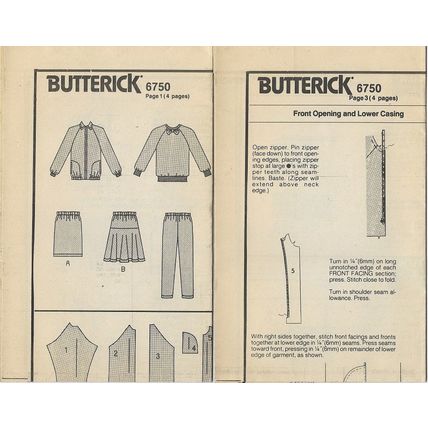 Butterick 6750 Sewing Pattern Girls Jacket Top Skirt Pants Size 7 8 10 Used 1988