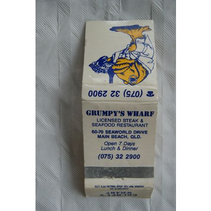 Matchbook Cover Grumpy's Wharf Restaurant, Seaworld Drive, Queensland