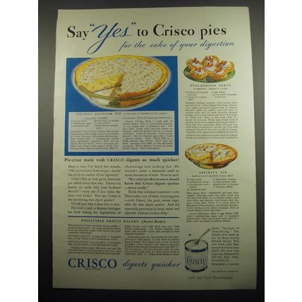 1933 Crisco Shortening Ad - recipes for Orange Blossom Pie, Peacherino Tarts