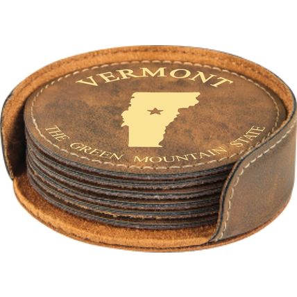 State Outline with Motto 4" Round Leather 6-Coaster Set with Holder