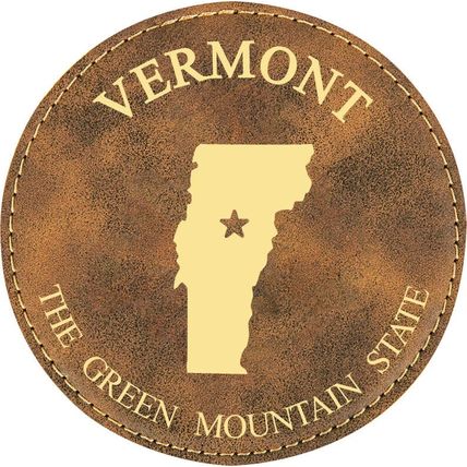 State Outline with Motto 4" Round Leather 6-Coaster Set with Holder