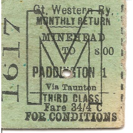 G.W.R. Edmondson Ticket - Minehead to Paddington via Taunton