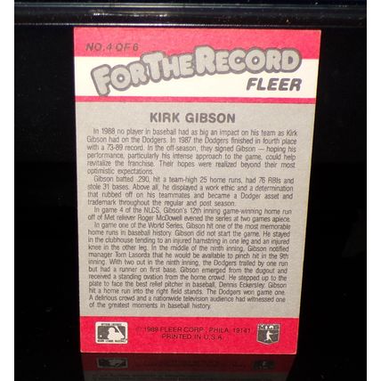 FLEER 1989 KIRK GIBSON FOR THE RECORD BASEBALL CARD #4 OF 6