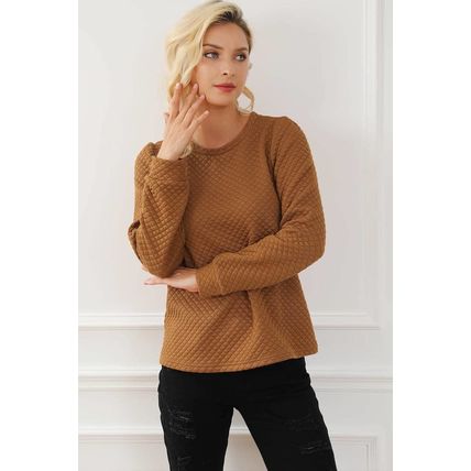 Brown Solid Color Quilted Puff Sleeve Pullover Sweatshirt