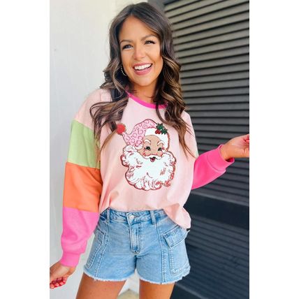Pink Christmas Santa Claus Graphic Colorblock Patchwork Top