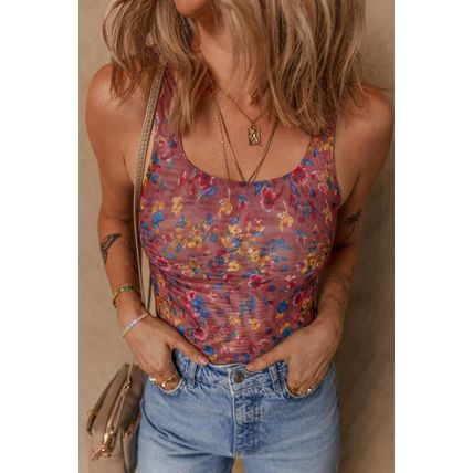 Purple Floral Printed Mesh U Neck Sleeveless Bodysuit