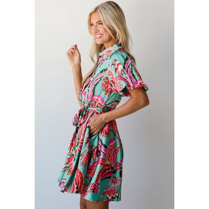 Green Abstract Print Lace-up High Waist Buttoned Mini Dress