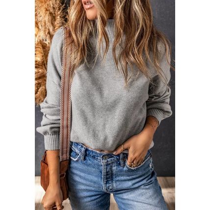 Gray Turtleneck Drop Shoulder Bubble Sleeve Knit Sweater