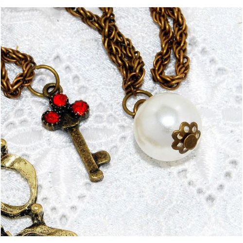 Sale Antiqued Bronze Pendant Crystal Key Faux Pearl Necklace Jewellery 1392