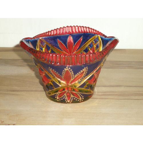 Colourful Hand Painted Cut Glass Dish