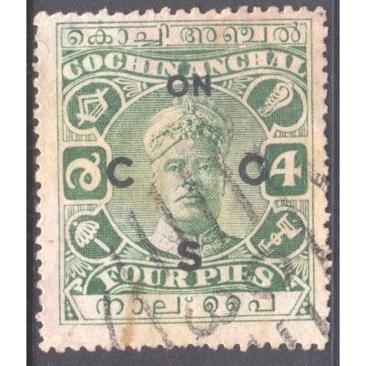 India (Cochin) 1919 - SG 02 (official) 4 p green on CGS - Raja Rama Vasa - used