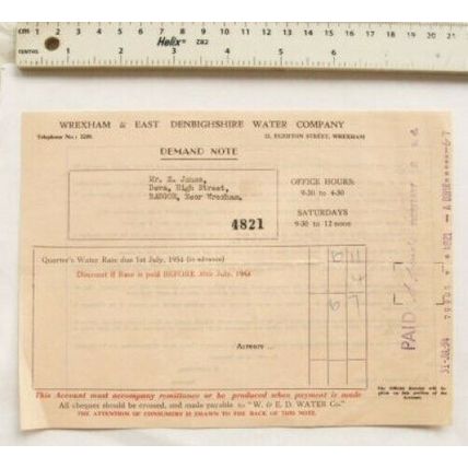1954 demand note Wrexham & East Denbighshire Water Co, Jones, Bangor