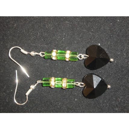 Beautiful black heart green cube clear crystal glass dangle earrings