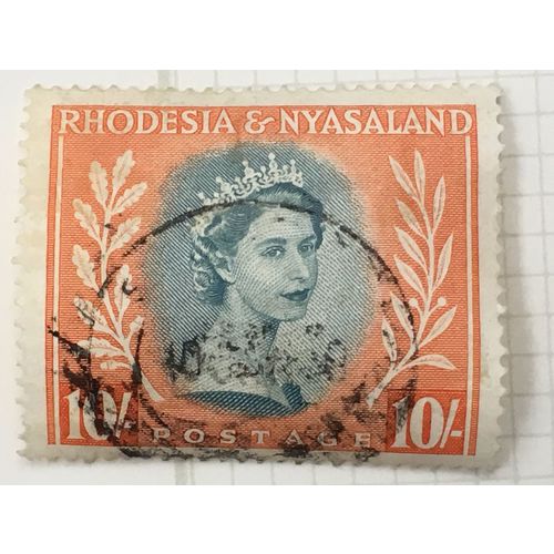 Rhodesia & Nyasaland QEII 1954 10/- Dull Blue Green & Orange Used SG 14 stamp