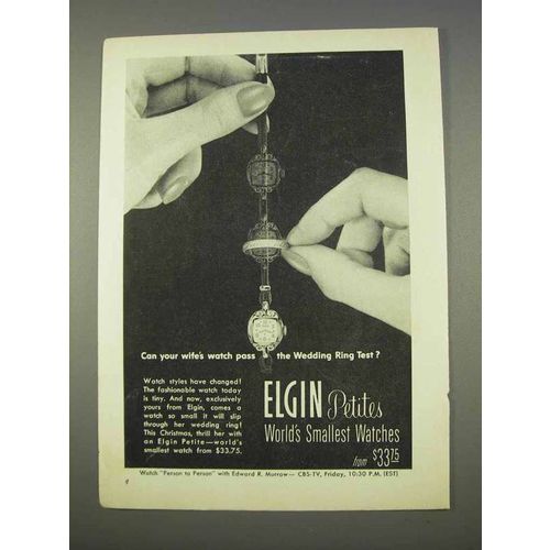 1955 Elgin Petite Watch Ad - The Wedding Ring Test