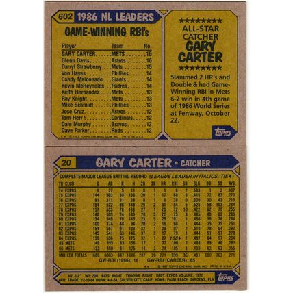 Two 1987 Topps baseball Gary Carter cards 20, 602 -NM - HOF-Mets