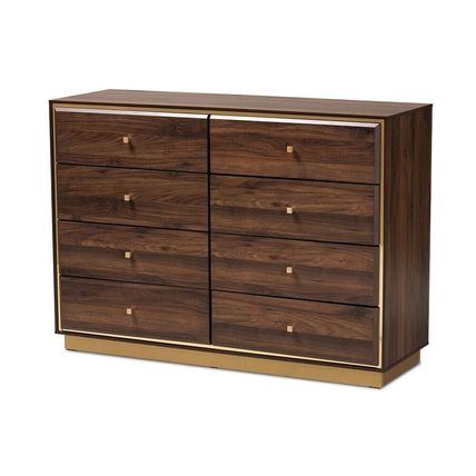 Modern Contemporary Dresser Walnut or Espresso Brown Gold Metal Trim 8 Drawers