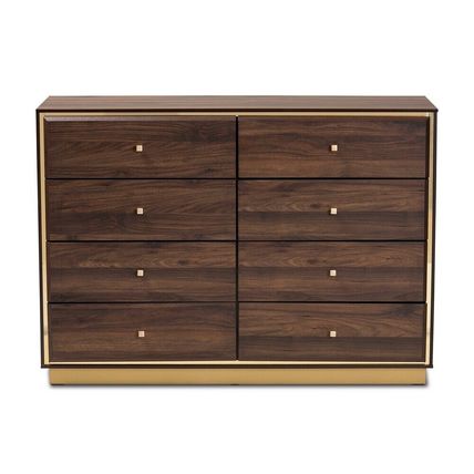 Modern Contemporary Dresser Walnut or Espresso Brown Gold Metal Trim 8 Drawers