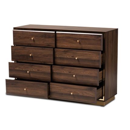 Modern Contemporary Dresser Walnut or Espresso Brown Gold Metal Trim 8 Drawers