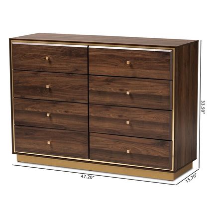 Modern Contemporary Dresser Walnut or Espresso Brown Gold Metal Trim 8 Drawers