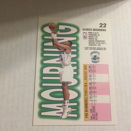 1993-94 Charlotte Hornets Hall of Famer Alonzo Mourning Trading Card #22