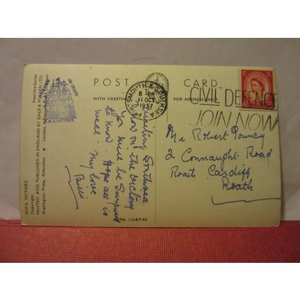 H.M.S VICTORY, PORTSMOUTH, HAMPSHIRE used vintage postcard RP 1957 pm g & p. /