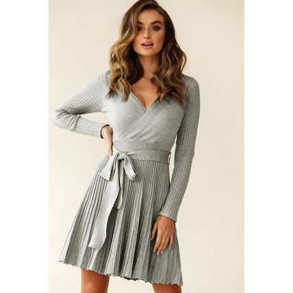 Gray Belted V Neck Ribbed Pleated Sweater Dress