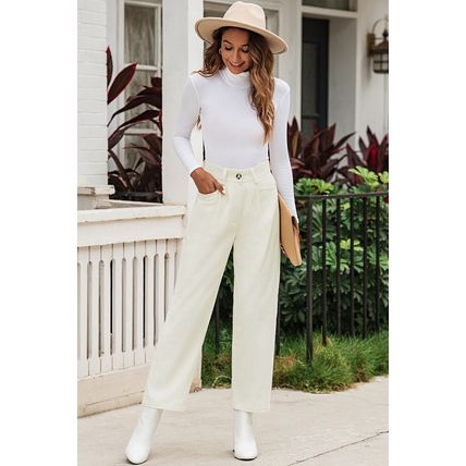 Beige Corduroy High Waist Straight Leg Pants