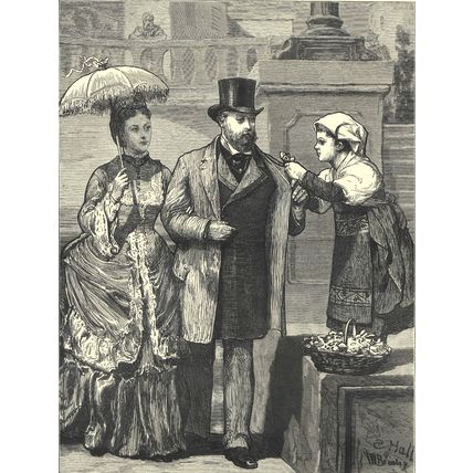 ROME - THE PRINCE AND PRINCESS OF WALES - FLOWER GIRL 1872 VICTORIAN ENGRAVING