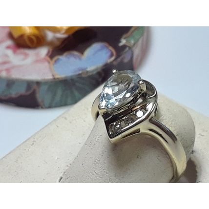 Estate 1.16ctw Natural Pear cut Aquamarine & Diamond Swirl 10Kt Y/Gold Ring20458