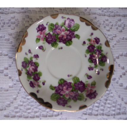 Purple Violets Footed Teacup & Saucer Made in Japan Iridescent Cup Gold Gilded