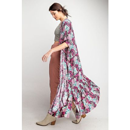 Women's Rayon Challis Ruffle Bottom Maxi Open Kimono