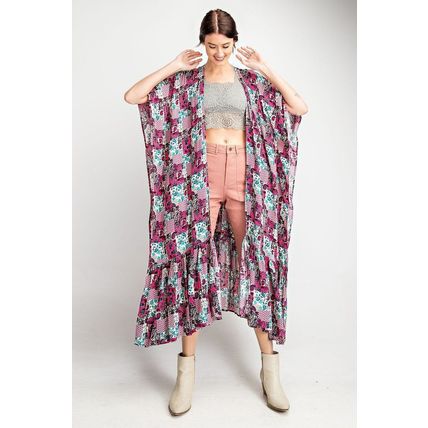 Women's Rayon Challis Ruffle Bottom Maxi Open Kimono