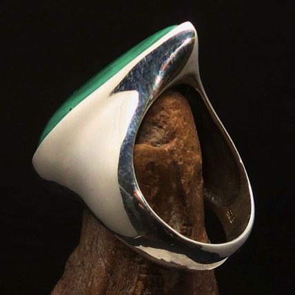 Minimalist mirror polished Sterling Silver Ring Green Pear Malachite - Size 10