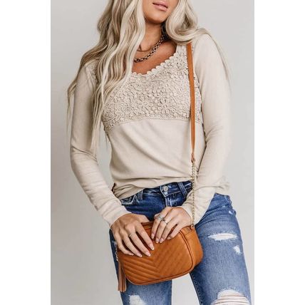 Beige Lace Crochet V Neck Long Sleeve Top