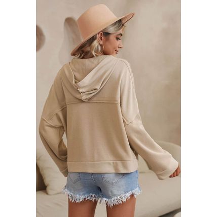 Khaki Casual Button Solid Patchwork Trim Hoodie