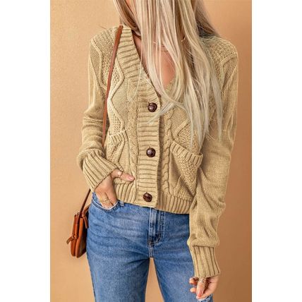 Beige Front Pockets Buttons Textured Cardigan