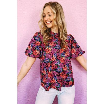 Multicolor Floral Print Round Neck Puff Sleeve Blouse