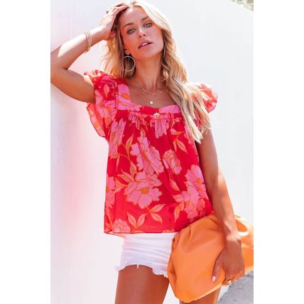 Red Floral Square Neck Ruffle Sleeve Blouse